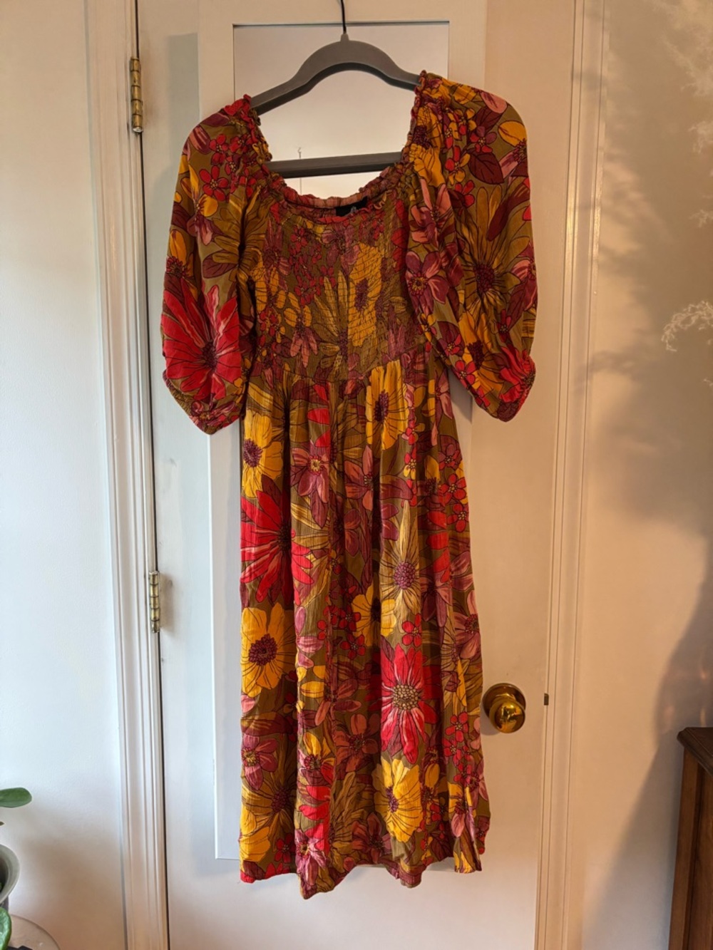 Angie Floral Midi Dress in Mustard, Red & Pink